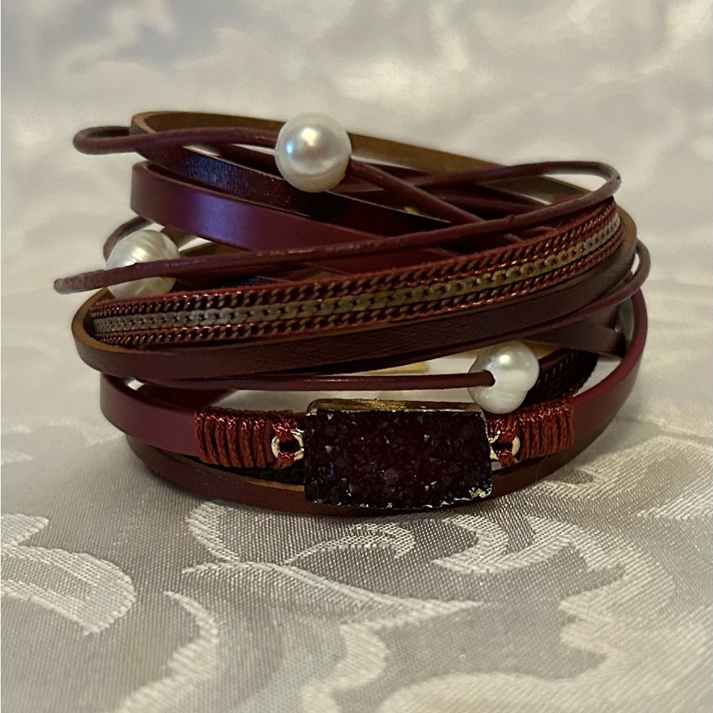 Multi-strand Leather Bracelet, Light Red, Faux Pearls And Crystal-like Stone